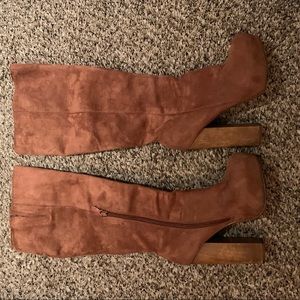 Knee high boots brown suede wood heel